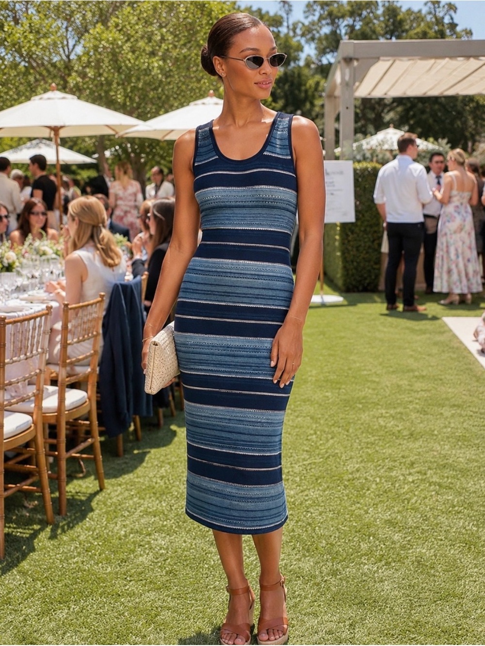 Lauren Ralph Lauren Navy and Light Blue Striped Knit Midi Dress Small